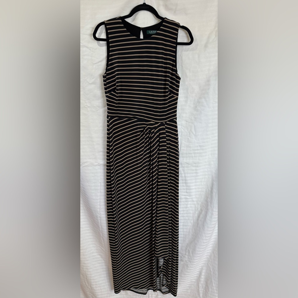 Lauren Ralph Lauren, Women’s, black tan striped maxi dress. Size 6. Pre-owned